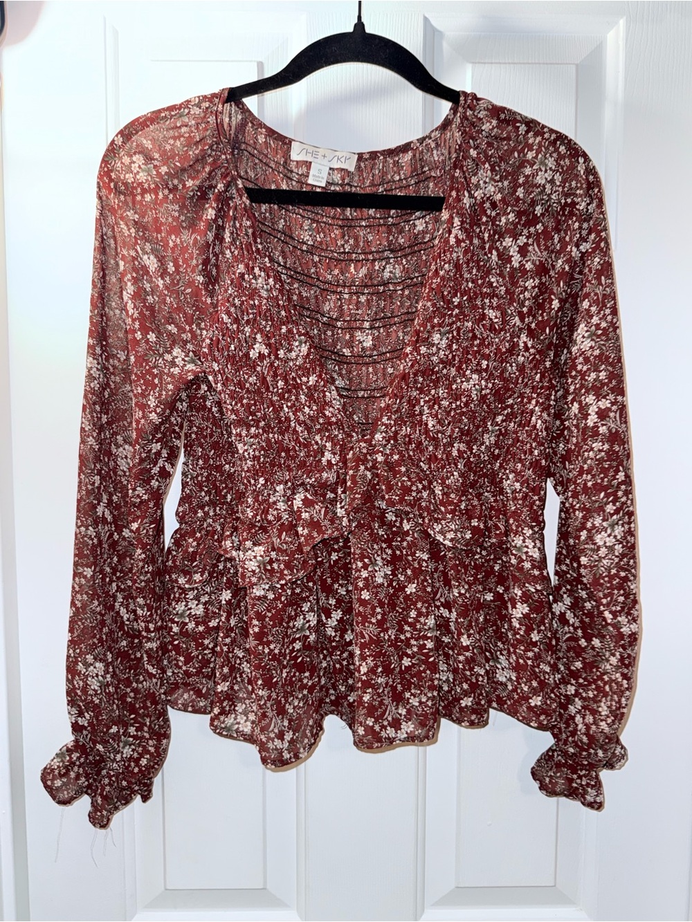 She + Sky Rust Red Floral Peplum Long-Sleeve Blouse